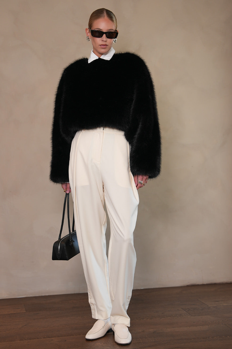 Lucienne Faux Fur Sweater - Black Cropped Fluffy Sweater | Parentezi