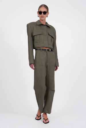 Clarice Crop Linen Jacket  - Olive