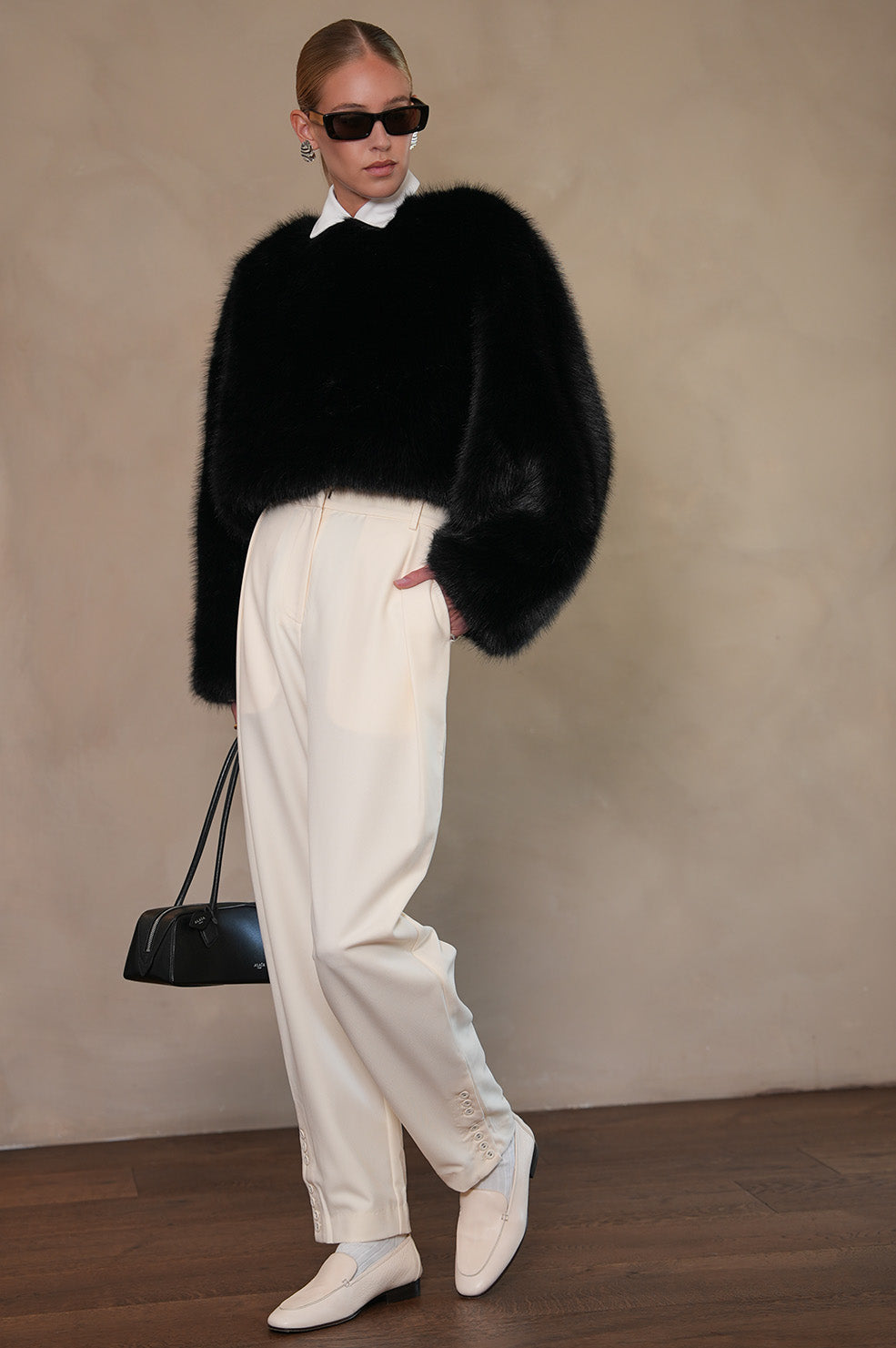 Lucienne Faux Fur Sweater - Black Cropped Fluffy Sweater | Parentezi