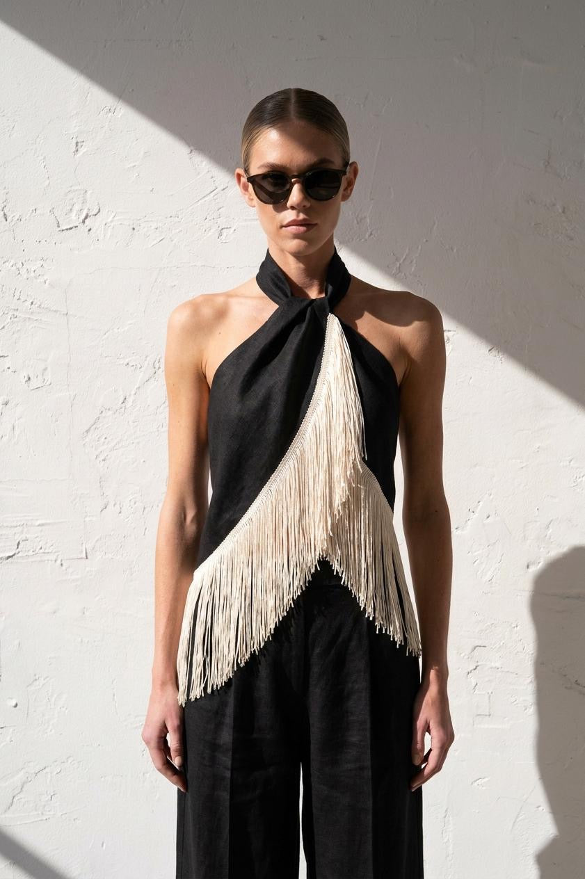 Vence Linen Fringe Scarf - Black Tops Parentezi
