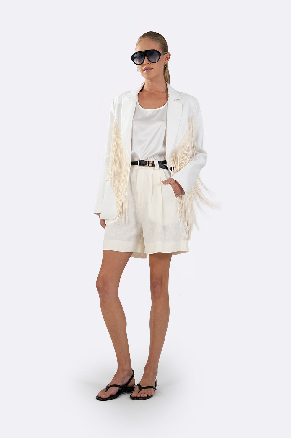 Vivienne Linen Fringe Blazer - White Blazer Parentezi