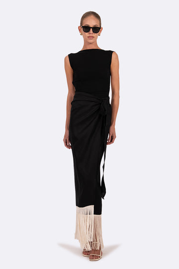 Eze Linen Fringe Skirt - Black BOTTOMS Parentezi