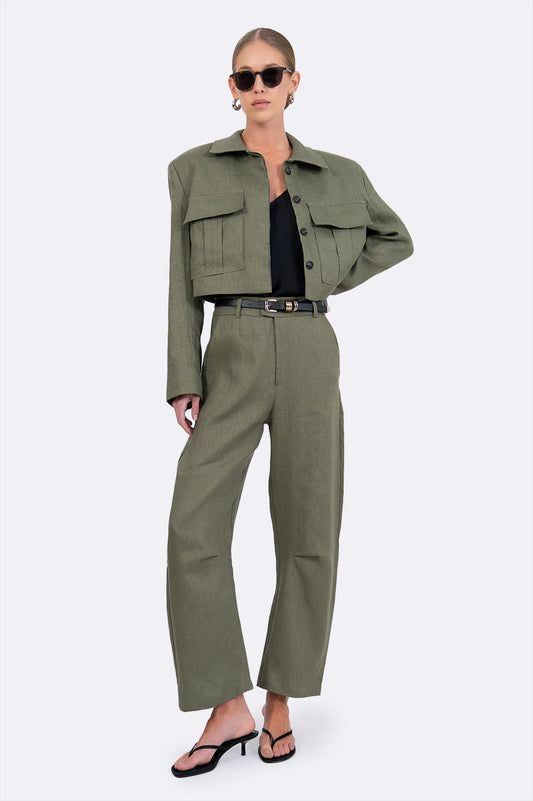 Clarice Crop Linen Jacket  - Olive