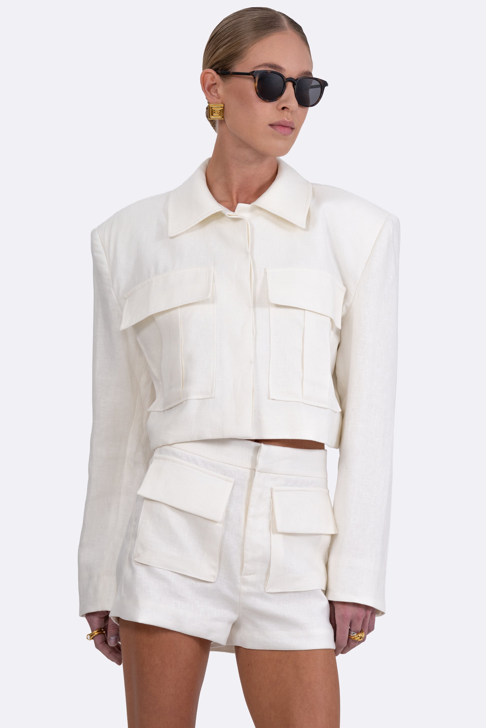 Clarice Crop Linen Jacket - Ivory Blazer Parentezi