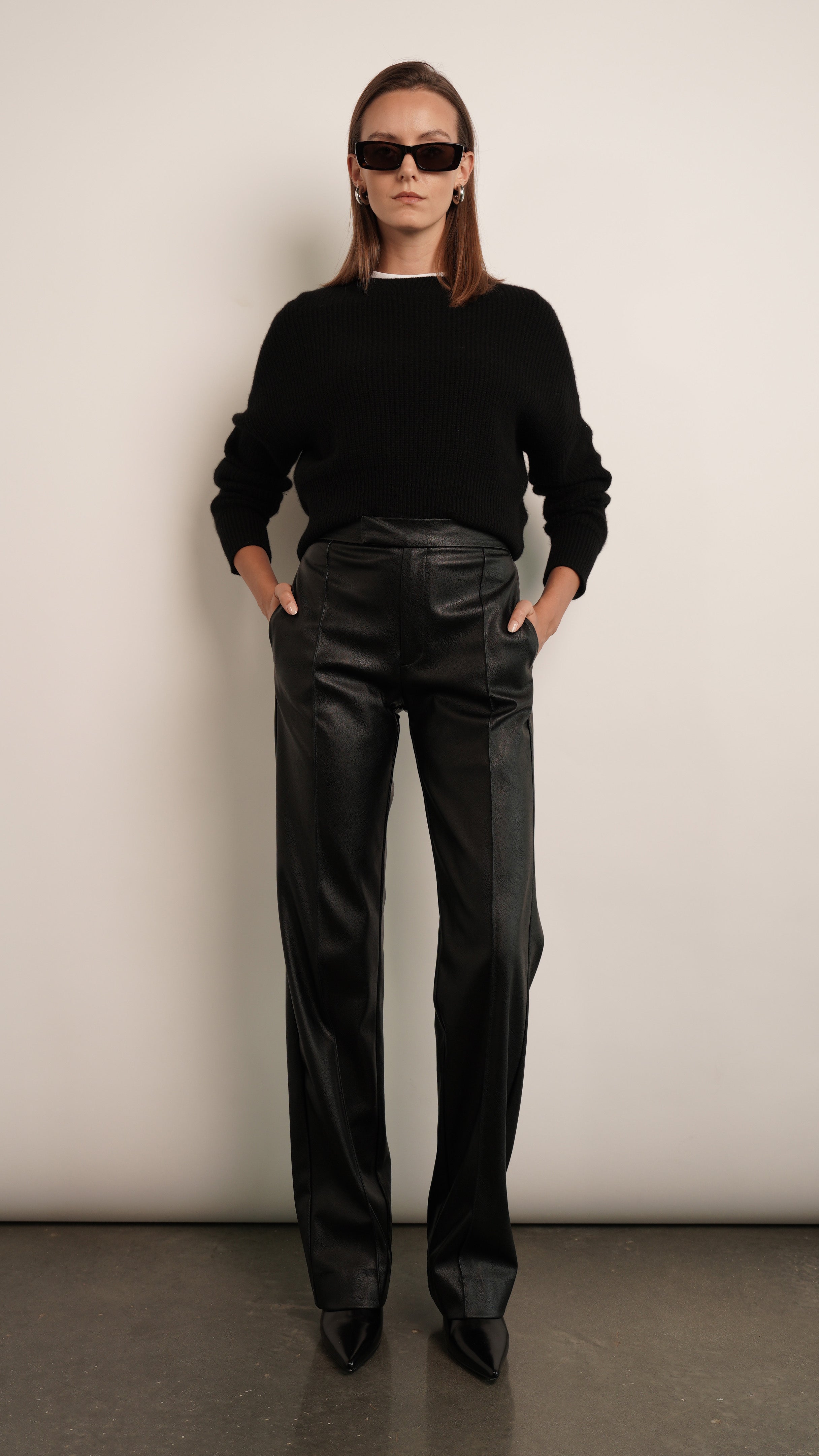 Tacked Vegan Leather Flared Trousers - Black | High waisted leather trousers,  Leather pants, Leather trousers