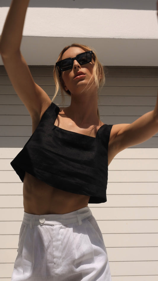 LINEN CROP TOP - BLACK